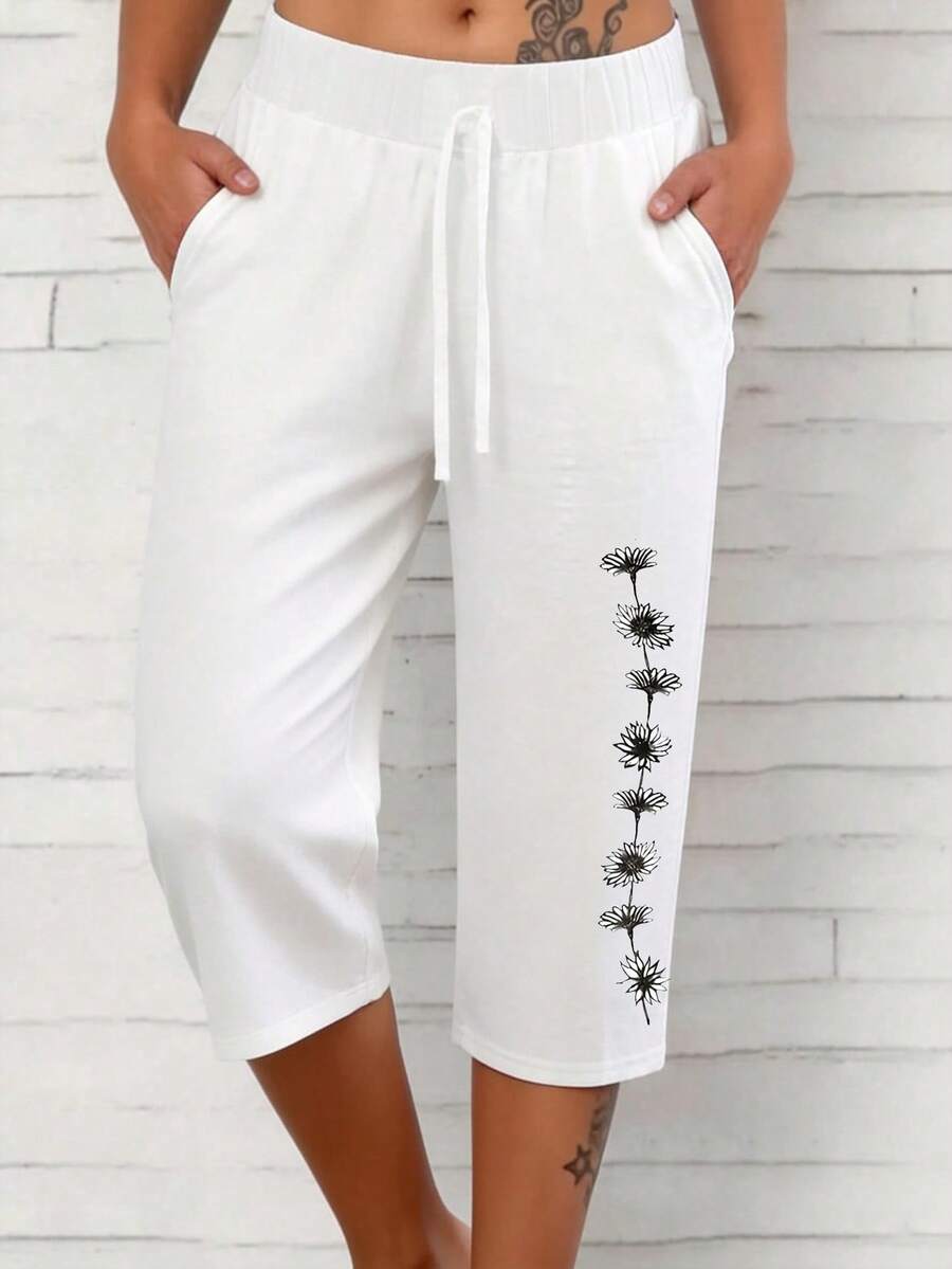 SHEIN LUNE 大码女式休闲度假通勤抽绳腰印花七分裤 - 白色 - 查看 1