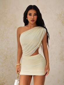 SHEIN PETITE Vestido corto de mujer de unicolor con cuello asimétrico, de moda para el verano, vestido de fiesta - Albaricoque - Ver 3