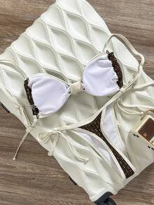 Swim Mod Conjunto de bikini con tirantes de espagueti de tela jacquard para mujer, primavera/verano - Marrón - Ver 4