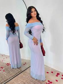 SHEIN SXY 女士优雅露肩褶皱连衣裙，夏季 - 彩色 - 查看 5