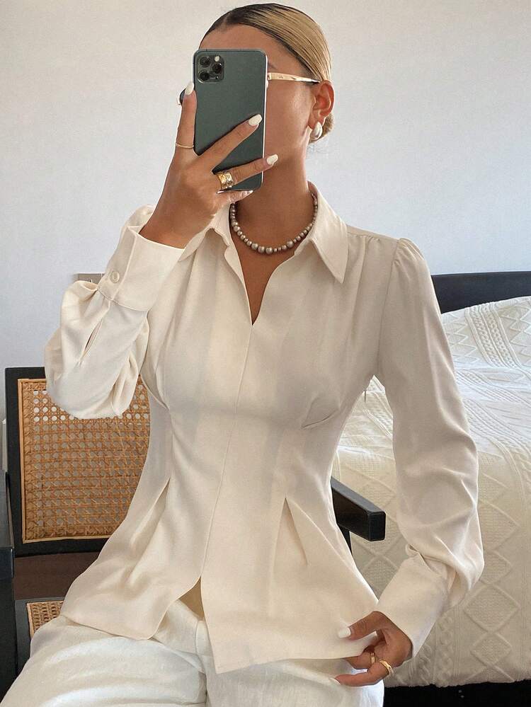 Women's Solid Color Fitted Waist Flared Hem Long Sleeve Formal Elegant Blouse For Summer