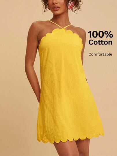 Travachic 2026 Nuevo vestido mini de mujer con cuello halter, bajo con volantes y bordado sin mangas, adecuado para vacaciones, citas, playa, viajes, fiestas, brunch