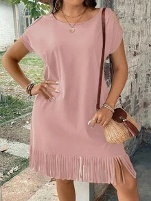 EMERY ROSE Đầm trễ vai màu trơn dáng rộng, cỡ lớn, có tua rua ở gấu váy. - Màu Hồng  San hô - Xem 5