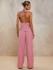 COSMINA Bộ đồ hai mảnh cổ yếm kẻ sọc thanh lịch dành cho nữ, thích hợp cho kỳ nghỉ xuân/hè. - Đỏ và trắng - Xem 2