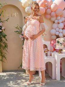 Loomaby Pink Butterfly Decor Off-Shoulder Maternity Dress For Baby Shower,Summer Fairy Elegant Pregnancy Dresses For Photoshoot,Gender Reveal Dress Set - Multicolor - View 8