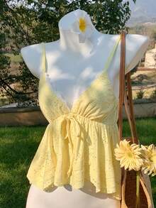 Comfortcana 女士镂空刺绣前系带休闲吊带背心 - 黃色 - 查看 7