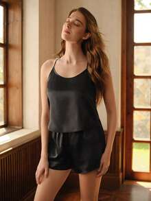 SilkySpell 缎面吊带背心和短裤睡衣套装/睡衣套装，黑色套装 - 黑色 - 查看 4