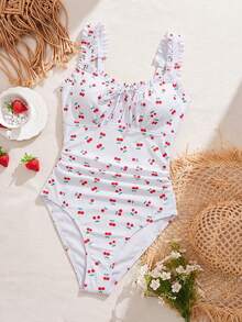Swim Mod Bộ đồ bơi liền thân màu đen anh đào kiểu retro mới năm 2026 dành cho nữ, dây đeo vai rộng có thể điều chỉnh với bèo nhún dễ thương, phần ngực trang trí nơ, eo xếp ly, phong cách thời trang đi biển cho kỳ nghỉ hè. - Nhiều màu - Xem 6