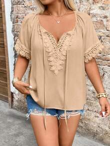 SHEIN Holidaya Plus Size V-Neck Lace Trim Raglan Sleeve Tie Collar Blouse - Khaki - View 1