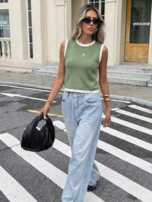 Áo len nữ cổ tròn không tay, phối màu tương phản, thắt nơ phía trước, kiểu dáng thường ngày. - màu xanh lá - Xem 4