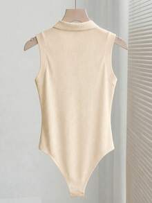 Elegante body versátil con cuello vuelto y media cremallera en punto blanco, body de mujer para primavera/verano, ideal para vacaciones y playa - Caqui - Ver 2