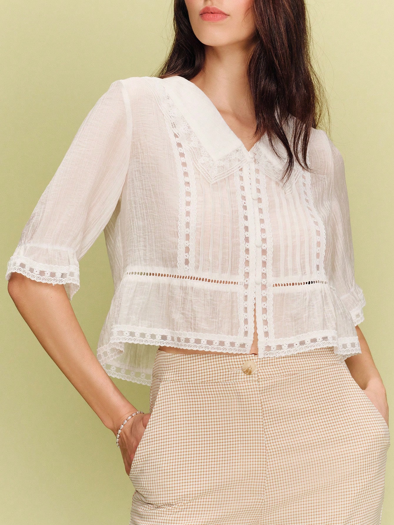 Vintage Inspired White Lace-Trim Blouse With Oversized Collar Spring Summer French Style Parisian Style Office Outfit Going Out Vintage Top Cute Summer Top Holiday Top Cute Top White Vintage Top
