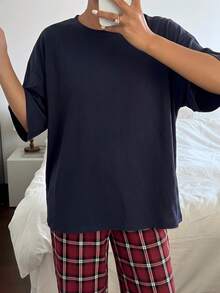Casual Loose Top And Plaid Pants Loungewear Set, Outfits Pajama - Navy Blue - View 2