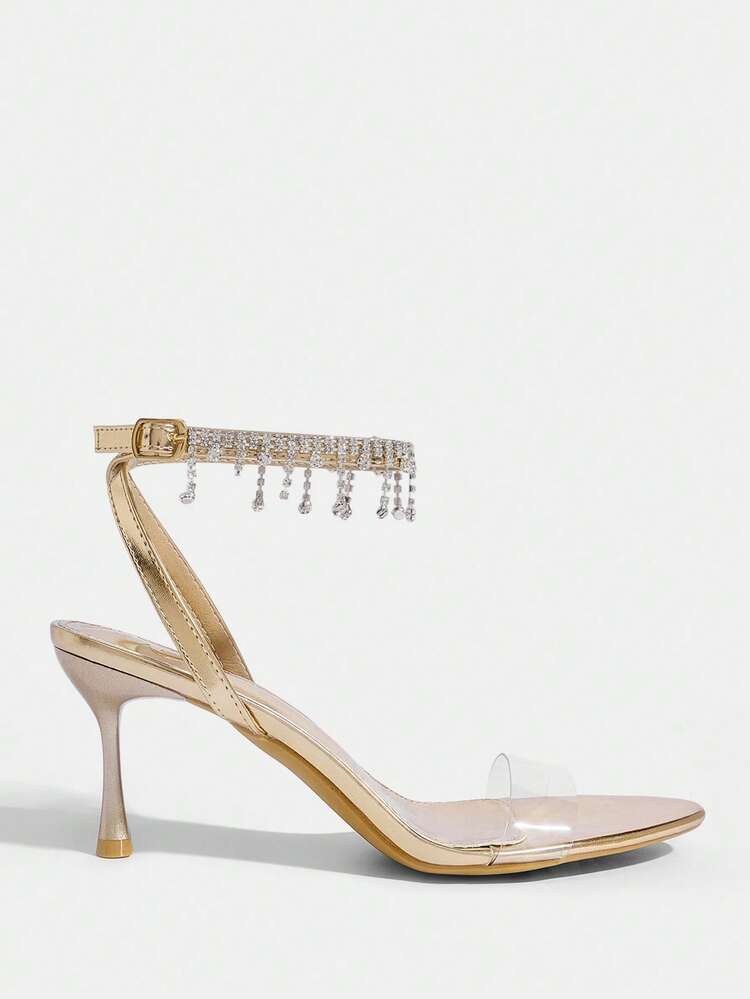 CUCCOO SZL Women Shoes Summer Pointed Slender Heel Champagne Transparent Film Rhinestone Chain Ankle Strap Open Toe Women's Sandals Sexy Fashion Gorgeous With Skirts Banquet Party Nightclub Women's High Heel Sandals