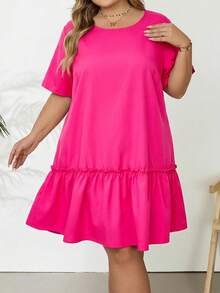SHEIN CURVE+ 大码荷叶边下摆娃娃衫度假连衣裙，夏季 - 玫紅色 - 查看 8