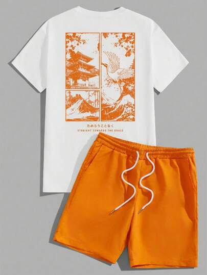 Manfinity Homme Conjunto de camiseta de manga corta con estampado gráfico blanco y pantalones cortos naranja, talla estándar para hombre