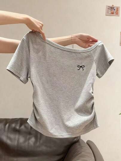 Tween Girls Butterfly Print Asymmetrical Shoulder Short Sleeve Top, Casual & Comfortable For Spring/Summer, Versatile Summer Outfit Suitable For Outdoor Activities, Picnics, Street Photography, Vacations, Holidays, And Gifts