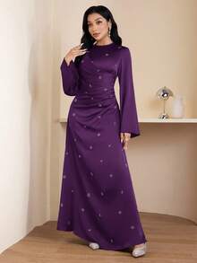 Veilorie Women's Round Neck Raglan Flare Sleeve Pleated Elegant Dress - Purple - View 3