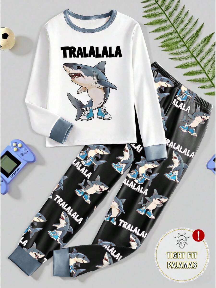 一套男童“Tralalero Tralala”可爱卡通鲨鱼印花修身睡衣套装，长袖上衣和裤子，时尚酷炫，春秋季 - 灰色 - 查看 1