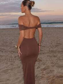 Firerie Elegant Women's Sexy Off Shoulder Backless Tight Dress, Suitable For Spring/Summer Occasions Such As Weddings, Parties, Birthdays, Music Festivals, Vacations - Brown - View 1