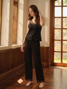 SHEIN 对比色网眼蝴蝶结前襟睡衣套装/睡衣套装 - 黑色 - 查看 1