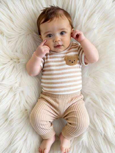 Newborn Ribbed Bear Short Sleeve Top, Simple Gray & White Stripes With 3D Bear Decor, Soft Rib Knit Fabric, Easy Snap Shoulder For Comfortable & Fashionable Outfit For Newborn Babies