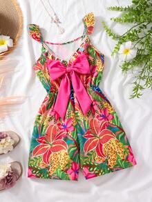 SHEIN Sparklyn Mono de verano casual y lindo para niñas con mangas acampanadas, lazo y flecos - Rosa Fucsia - Ver 2