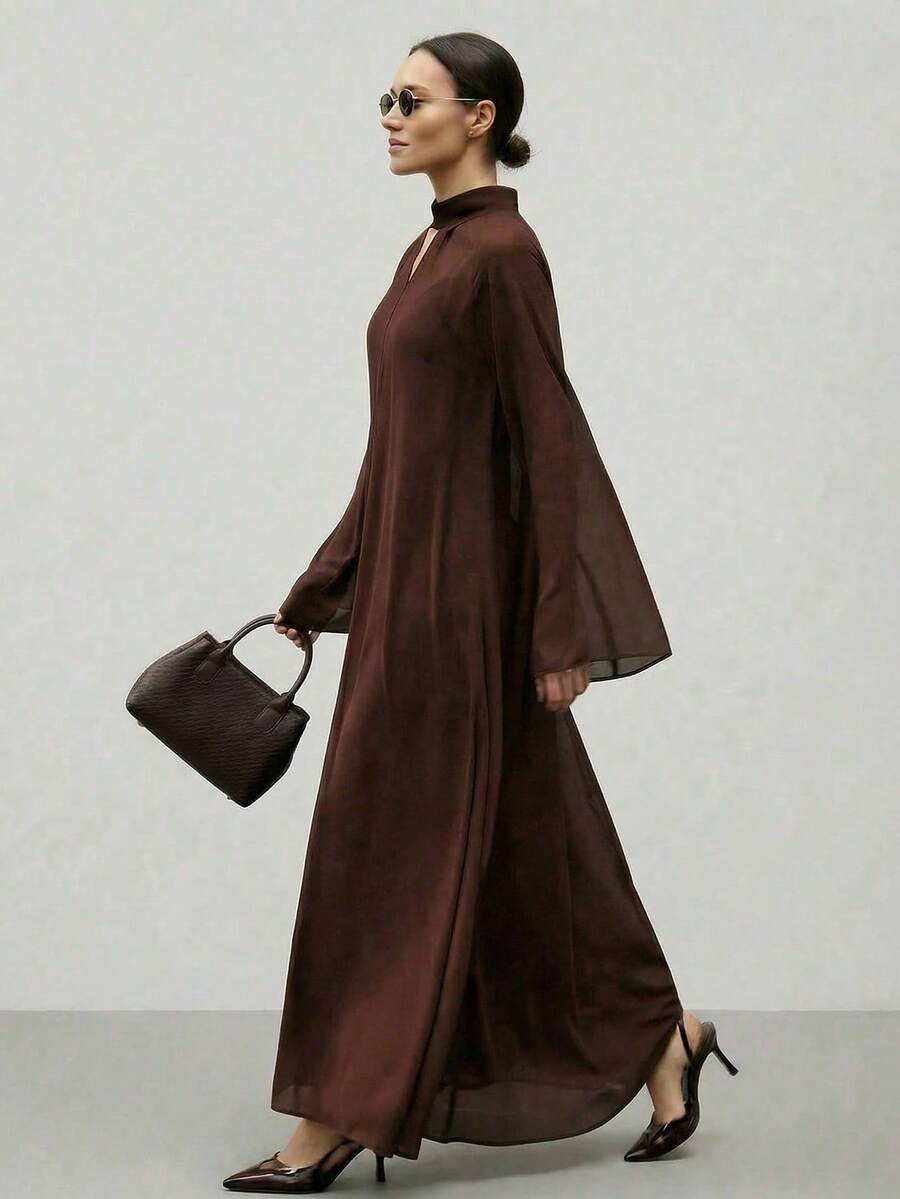 Ontre Phong cách thành thị thanh lịch, thoải mái tối giản, màu cà phê, chất liệu chiffon, dáng rộng, tay chuông, tay dài, đầm maxi nữ, mặc được cả bốn mùa, đi học, công sở, trang phục đi làm, bộ sưu tập mới Xuân/Hè 2026. - Cà phê nâu - Xem 1