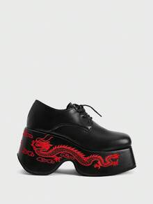 Sugerpunk Giày sandal cao gót nữ ~ Thời trang mới 2026 mùa xuân thu phong cách punk, giày đế xuồng mũi tròn bằng da PU màu tối, giày da nhỏ thêu họa tiết, giày cao gót kiểu Nhật Bản retro buộc dây. - màu đen - Xem 1