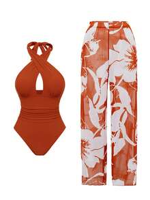 Swim Oasis New Arrival Solid Color Hollow Cross Halter One-Piece Swimsuit With Printed Cover-Up Skirt Beach Set For Women - Orange - View 3