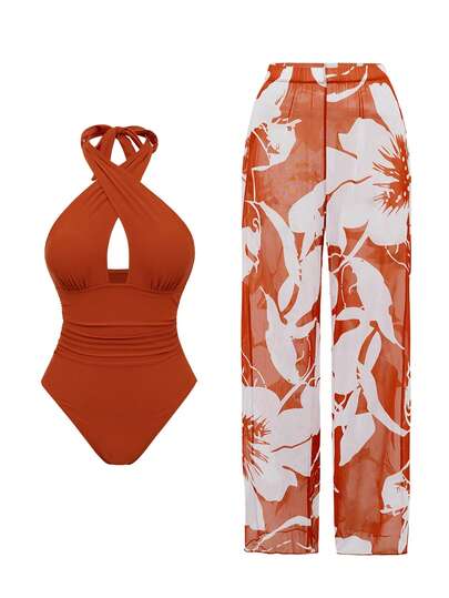 Swim Oasis 新款纯色镂空交叉挂脖连体泳衣，配印花罩裙沙滩套装，女士