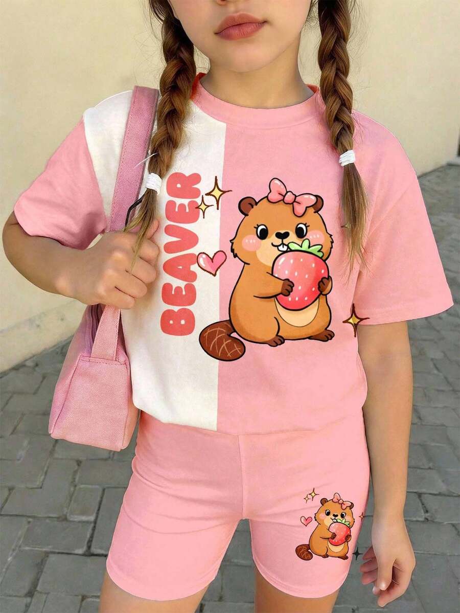 Young Girl Summer Casual Cute Contrast Color Cartoon Pattern Round Neck Short Sleeve T-Shirt And Shorts Set - Multicolor - View 1