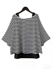 SHEIN Essnce 大码女装春夏时尚休闲度假日常通勤黑白条纹蝙蝠袖宽松T恤和背心两件套 - 彩色 - 查看 2