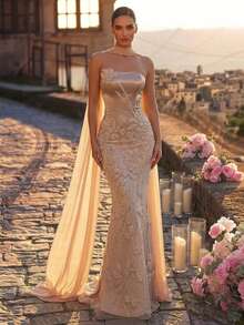 Glamrae Elegante y lujoso vestido largo de sirena con hombro descubierto, bordado con encaje y perlas, adecuado para bodas, fiestas, vacaciones, bailes y ocasiones formales (resistente) - Albaricoque - Ver 8