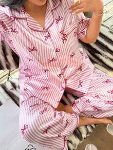 Napfluff CURVE Napfluff CURVE Pink Striped Bow Print Lapel Cardigan & Pants Plus Size Pajama Set - Pink - View 7
