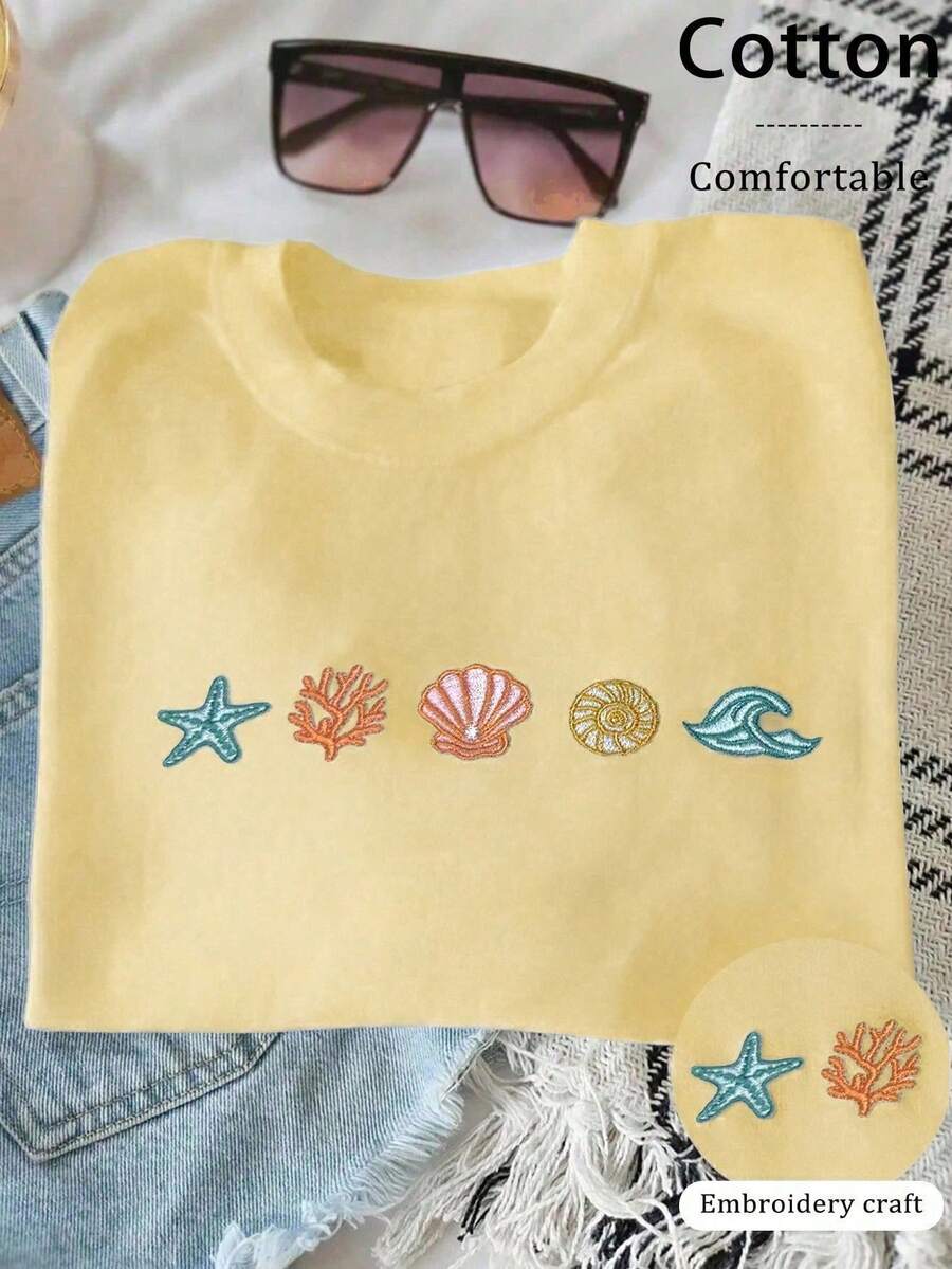 INAWLY 女士休闲度假海星贝壳刺绣T恤 - 黃色 - 查看 1