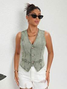SHEIN Essnce Áo khoác denim nữ không tay, chất liệu denim mài, kiểu dáng thường ngày, có cúc phía trước, thích hợp cho mùa hè. - màu xanh lá - Xem 4