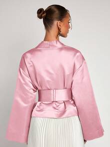 COSMINA 女士纯色V领裹身优雅长袖衬衫 - 淺粉色 - 查看 2