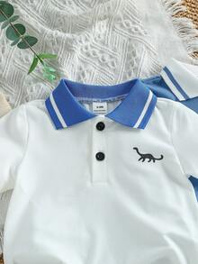 SHEIN 4pcs Baby Boy Dinosaur Print Short Sleeve T-Shirt And Shorts Set, Loose Fit For Outdoor Activities, Suitable For Casual Outings And Light Sports - Blue and White - View 3