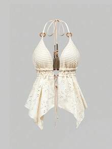 ROMWE Avant Y2K 风格木珠装饰露背细肩带上衣和低腰泡泡短裤 2 件套女装 - 杏色 - 查看 3