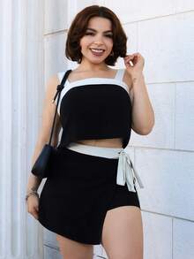 Lupita Cardoza 女士时尚通勤撞色装饰吊带背心和迷你裙两件套，夏季 - 黑色 - 查看 6