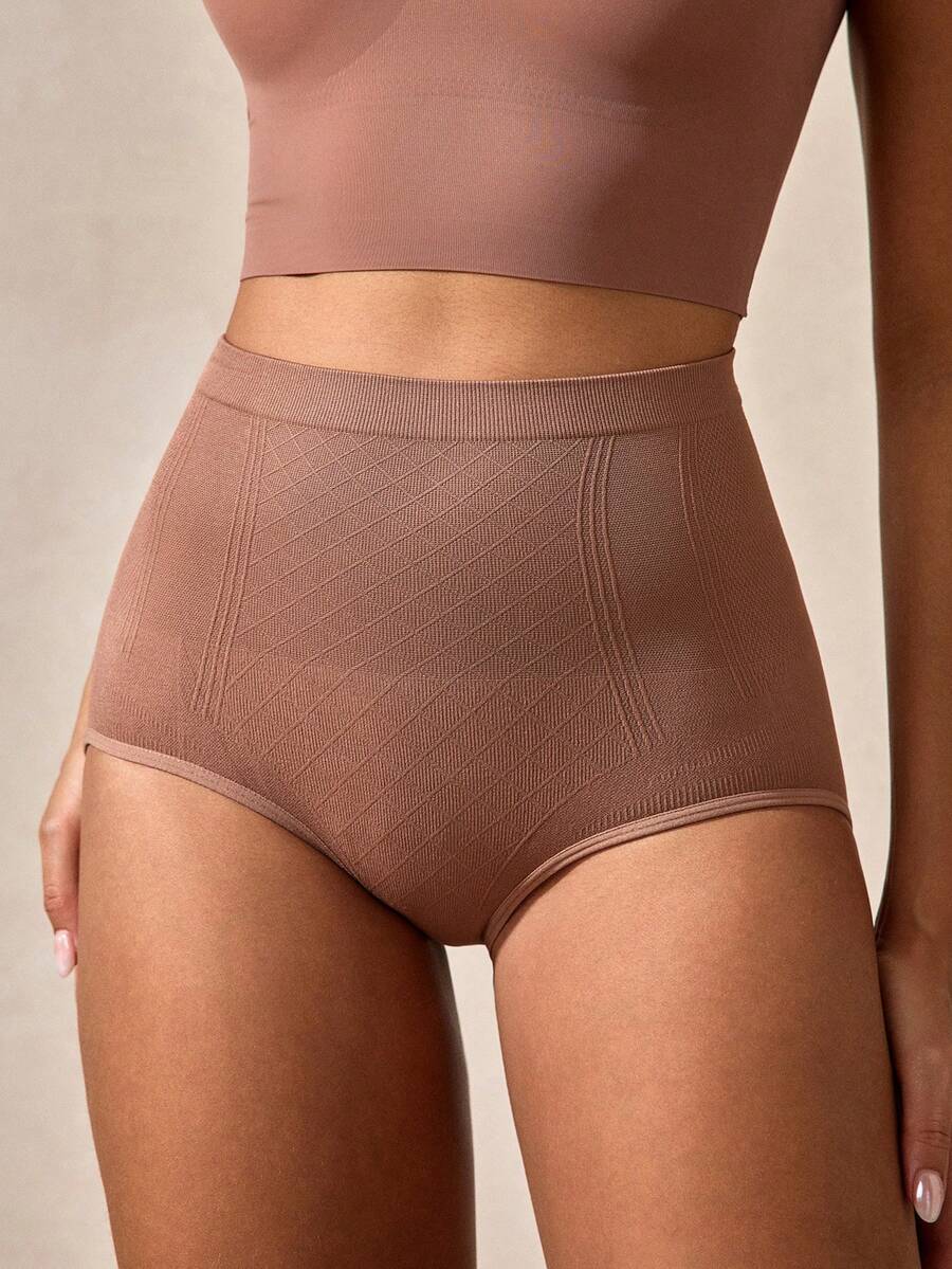 SHEIN 1 件女士无缝高弹力收腹塑身紧身裤 - 咖啡棕 - 查看 1