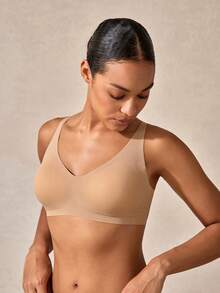 Veilyse 1pc Wireless Seamless Solid Color Comfortable Wide Strap Ladies Brafor Summerfor Summer - Apricot - View 9