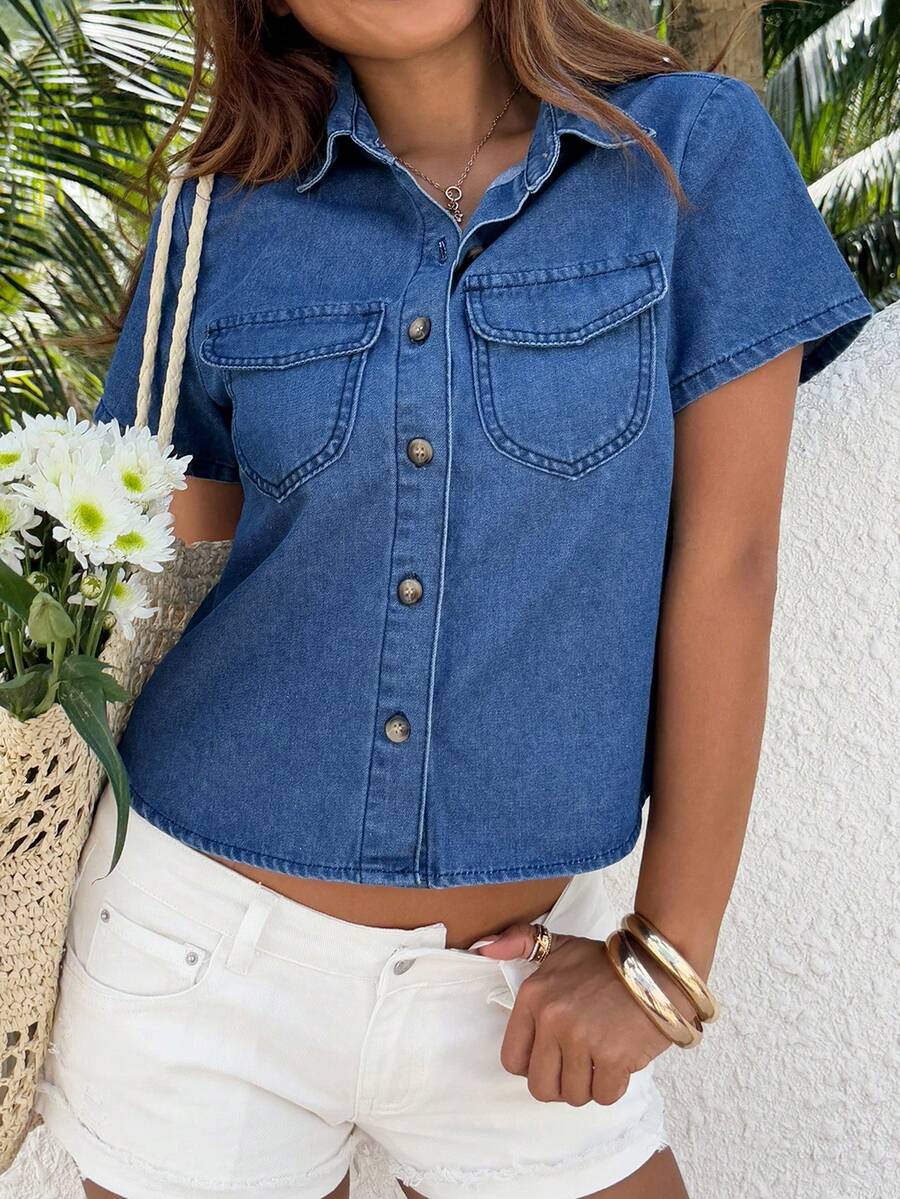 Rivivi 时尚修身纽扣水洗牛仔夹克 - 深色水洗藍 - 查看 1