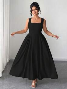 Elenzga Gaun Midi Wanita Ukuran Plus Warna Hitam Elegan Formal dengan Leher Persegi dan Tali Bahu Tipis, Model A-Line dengan Detail Kerut, Cocok untuk Makan Malam, Pernikahan, dan Pesta Musim Gugur. - Hitam - View 4