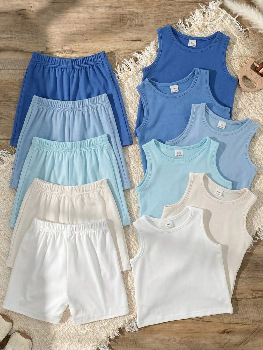SHEIN Vintaside Kids 10件裝嬰幼兒男/女童夏季套裝 素色藍黑白灰背心上衣&寬鬆短褲 休閒親子套裝 適合幼兒/嬰兒 極簡風 - 彩色 - 查看 1
