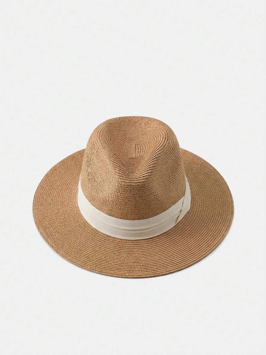 Lumivelle 1pc Women's Colorblock Fashionable Summer Sun-Shielding Versatile Woven Jazz Hat, Straw Hat