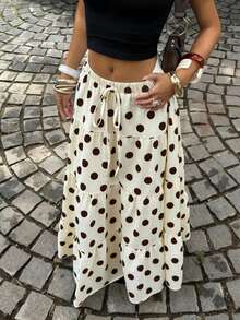 SHEIN EZwear 休闲简约复古优雅通勤百搭暖棕色波点印花图案，沙滩装，度假装，女士夏季装，女士三层蛋糕裙 - 彩色 - 查看 5