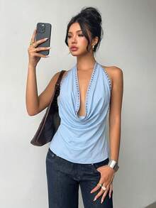 Aloruh Women's Solid Color Hanging Collar Backless Rivet Light Blue Backless Top - Baby Blue - View 3