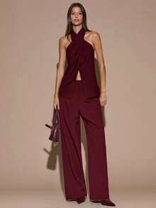SHEIN BAE Women's Solid Brown/Coffee Color Elegant Halter Backless Blouse, Wrap Style Shirt For Autumn/Winter,Summer Top - Burgundy - View 7
